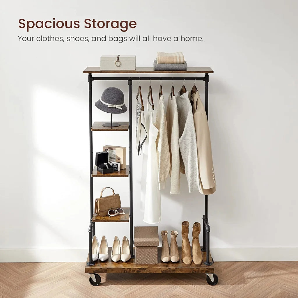 Garment Clothing Rack on Wheels 5-Tier Industrial Pipe