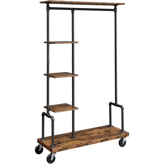 Garment Clothing Rack on Wheels 5-Tier Industrial Pipe