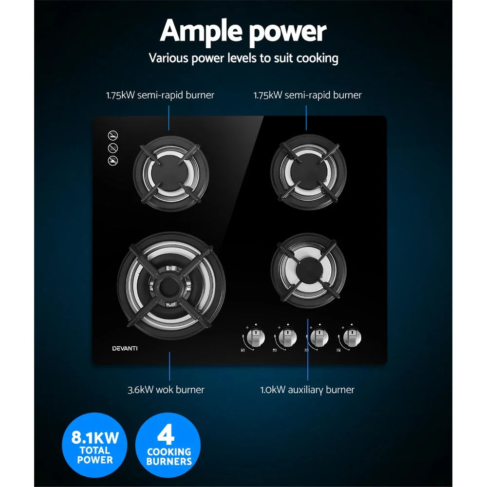 Gas Cooktop 60cm 4 Burner Ceramic Glass Cook Top Stove Hob