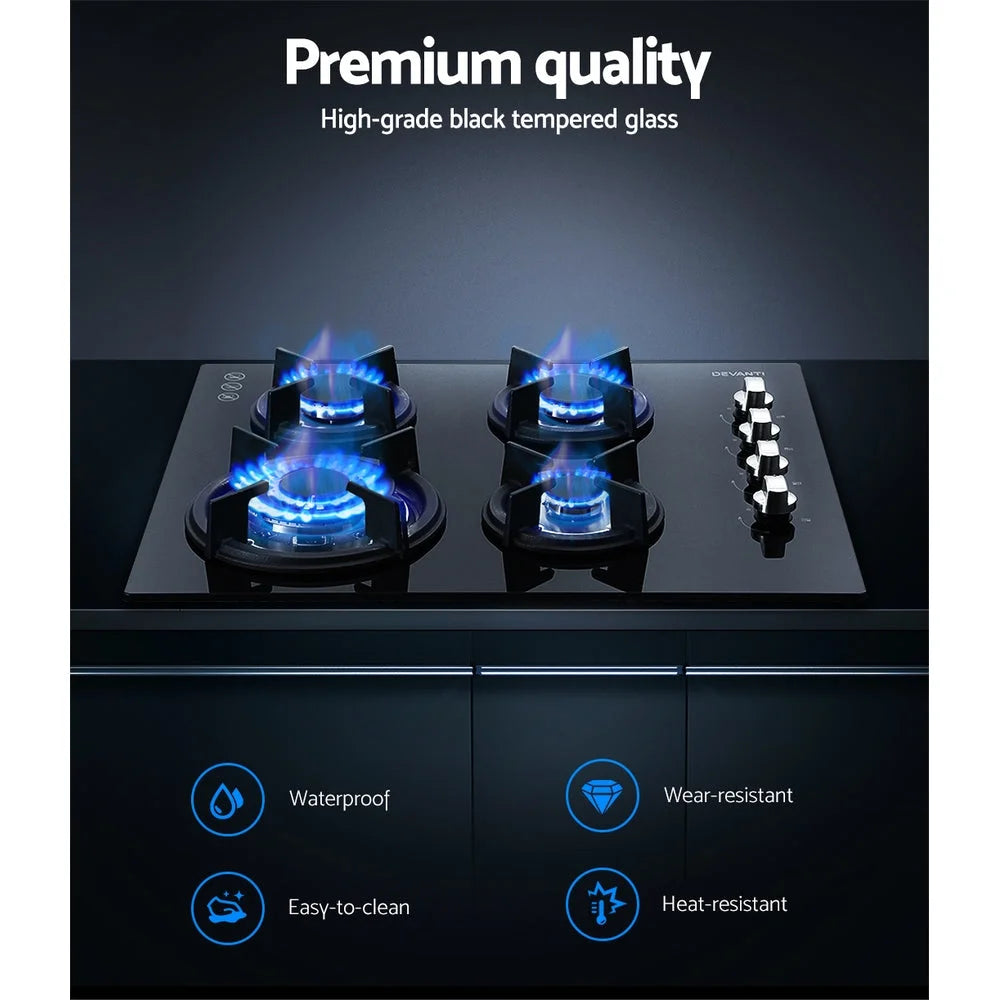 Gas Cooktop 60cm 4 Burner Glass Cook Top Cooker Stove Hob