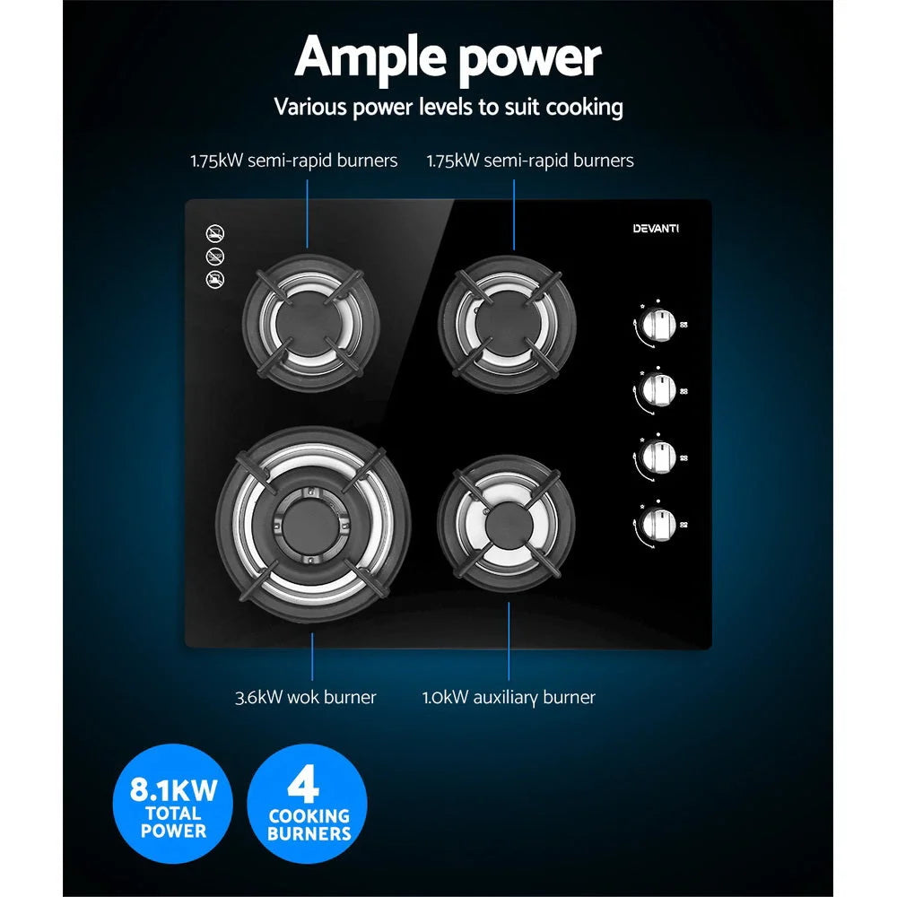 Gas Cooktop 60cm 4 Burner Glass Cook Top Cooker Stove Hob