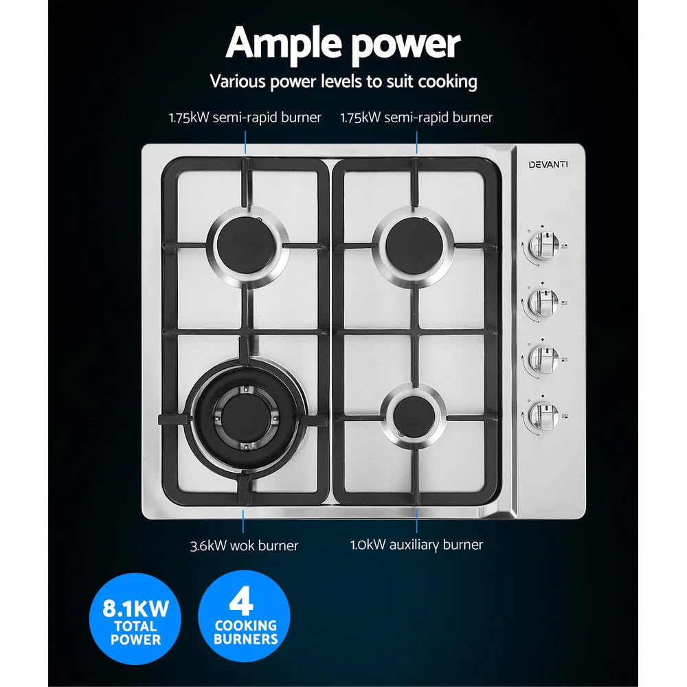 Gas Cooktop 60cm Kitchen Stove 4 Burner Cook Top NG LPG