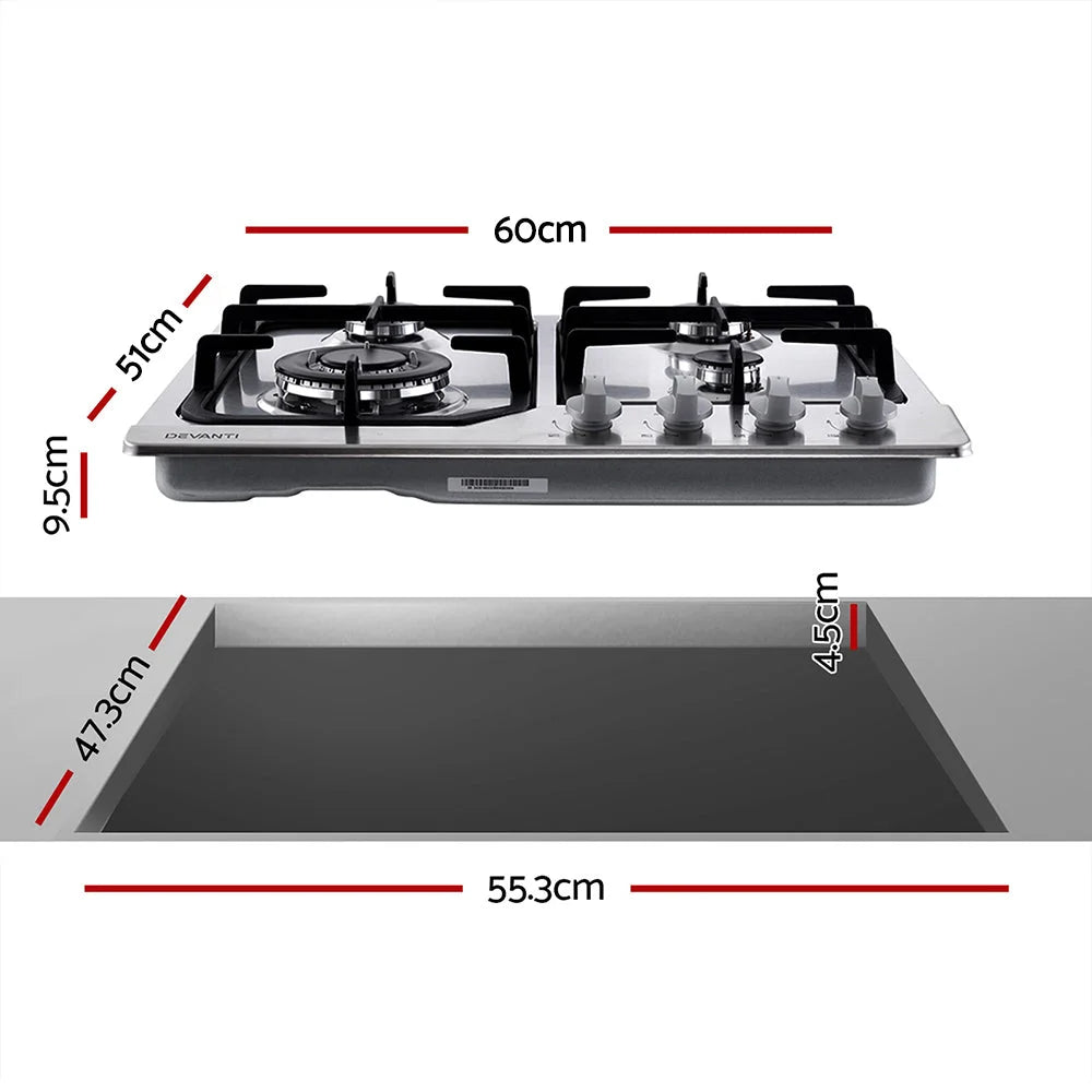 Gas Cooktop 60cm Gas Stove Cooker 4 Burner Cook Top Konbs