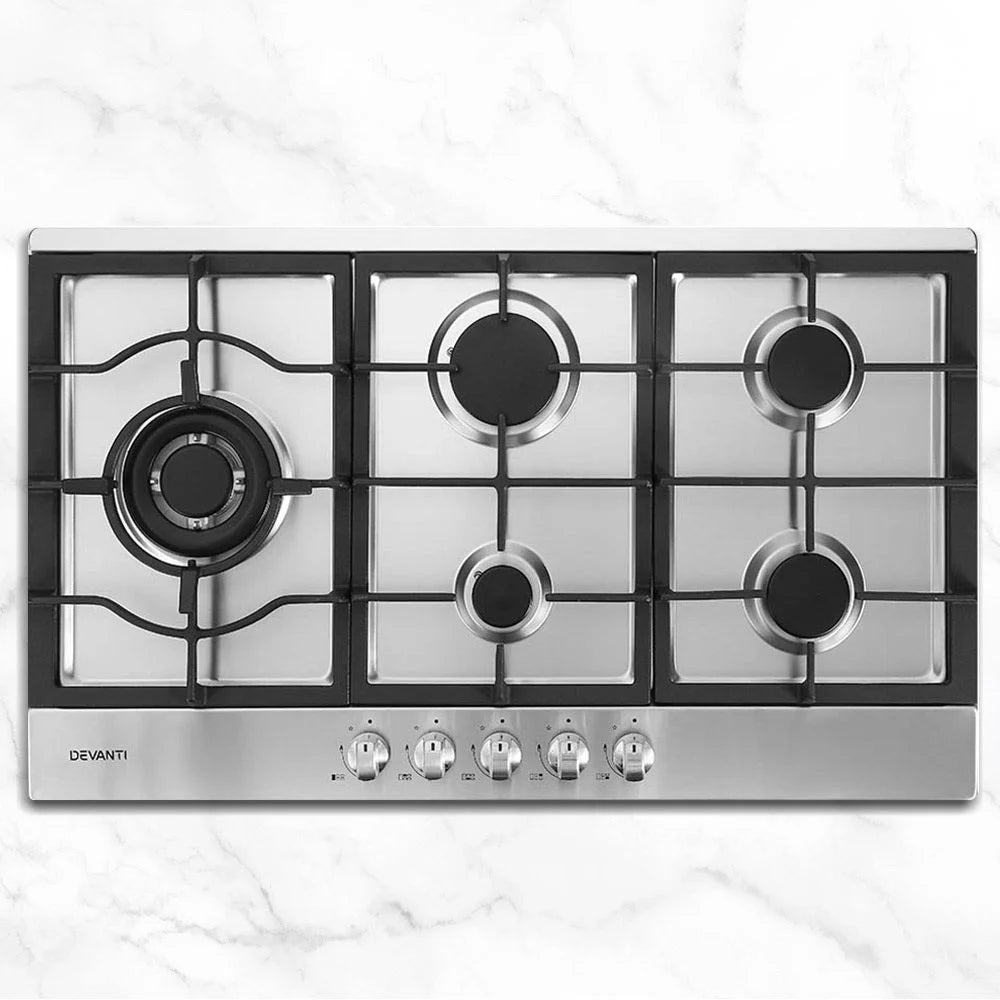 Silver steel 90cm gas cooktop with metal pan supports and control knobs