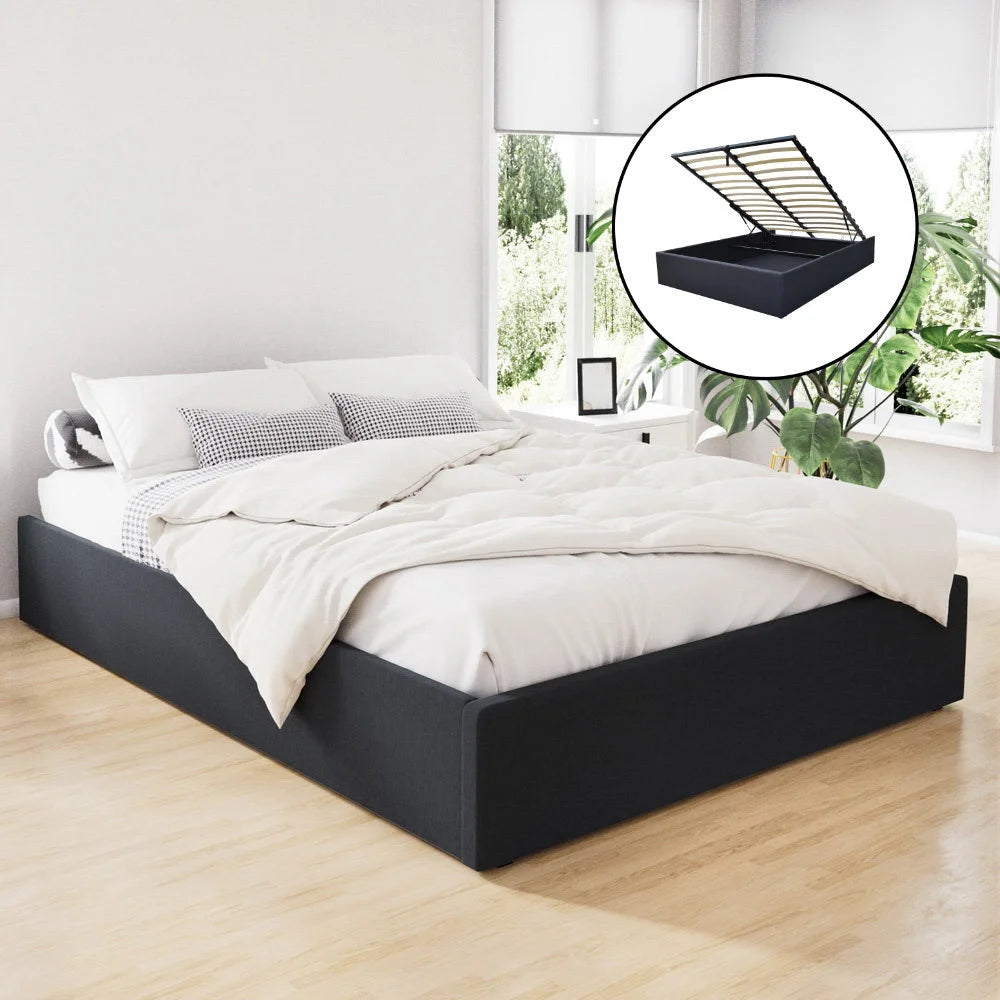 Gas Lift Bed Frame Queen Storage Fabric Charcoal - Bedroom