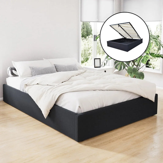 Gas Lift Bed Frame Queen Storage Fabric Charcoal - Bedroom