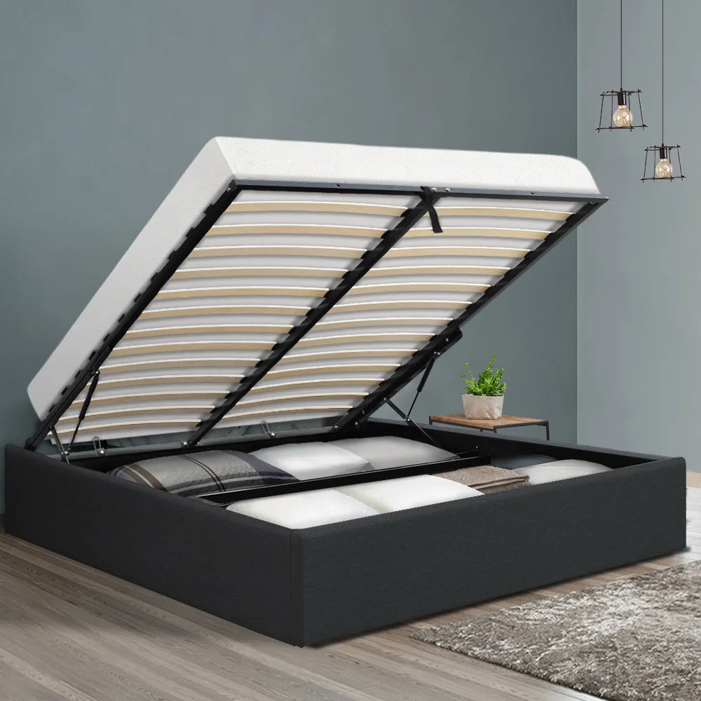 Gas Lift Bed Frame Queen Storage Fabric Charcoal - Bedroom