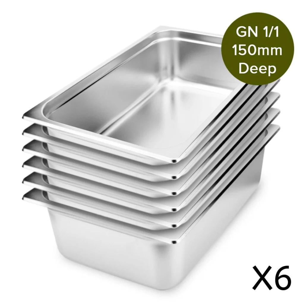 Gastronorm GN Pan Premium Set of 6 Full Size 1/1 GN 15cm Deep Stainless Steel Tray