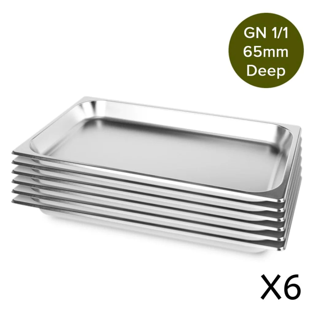 Gastronorm GN Pan Premium Set of 6 Full Size 1/1 GN 6.5cm Deep Stainless Steel Tray