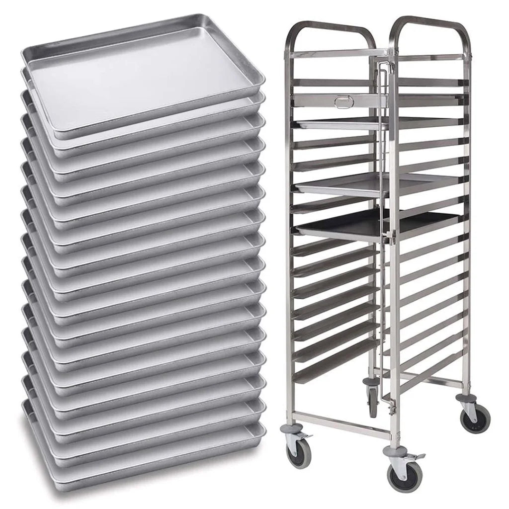 Gastronorm Trolley 16 Tier Stainless Steel with 60405cm Aluminum Baking Pan Cooking Tray for Bakers