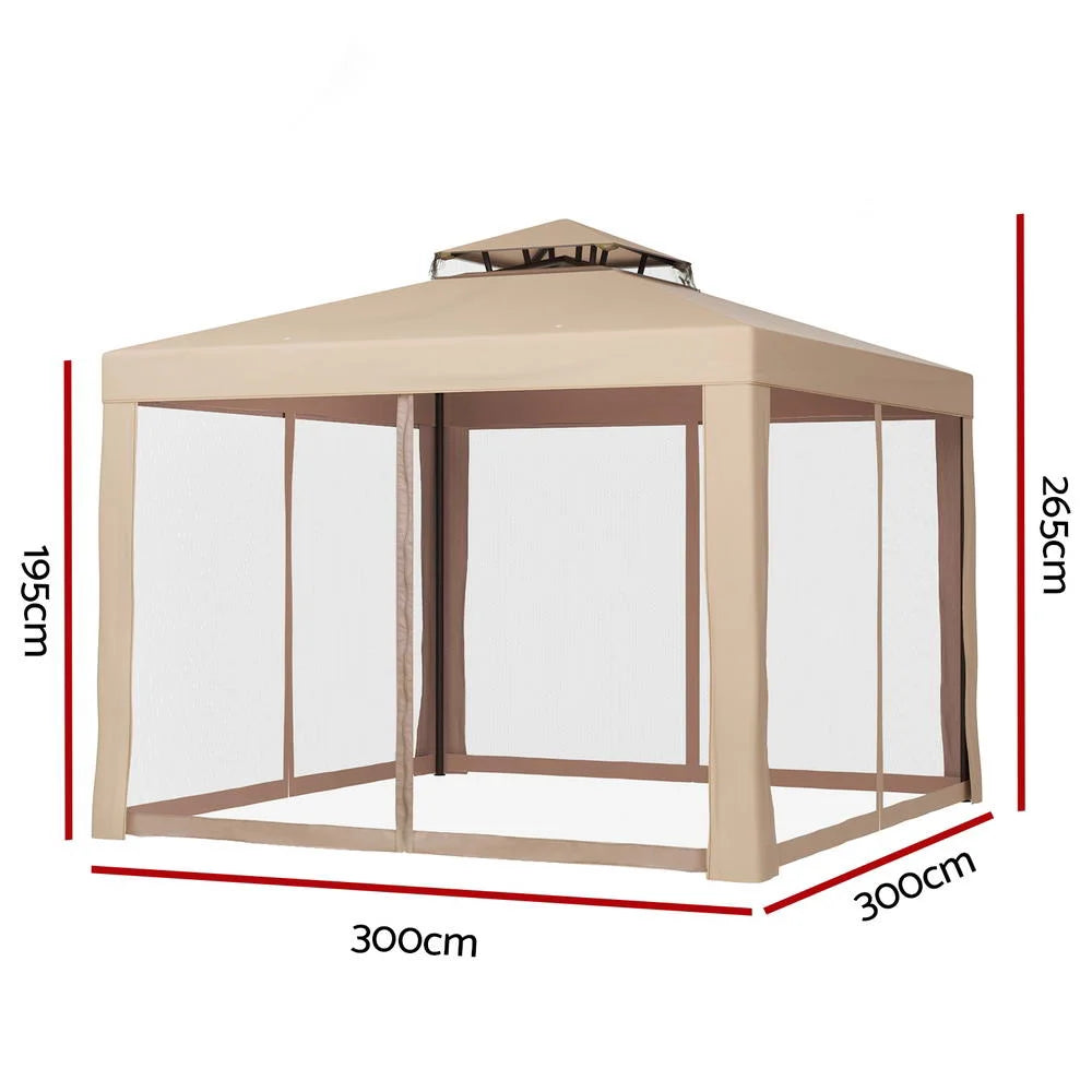 Brown mesh 3m pop-up gazebo with folding shelter frame and fabric canopy