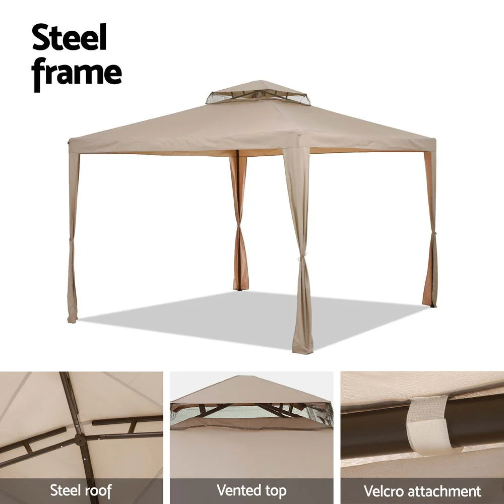 Brown mesh 3m pop-up gazebo with canopy roof and folding leg frame