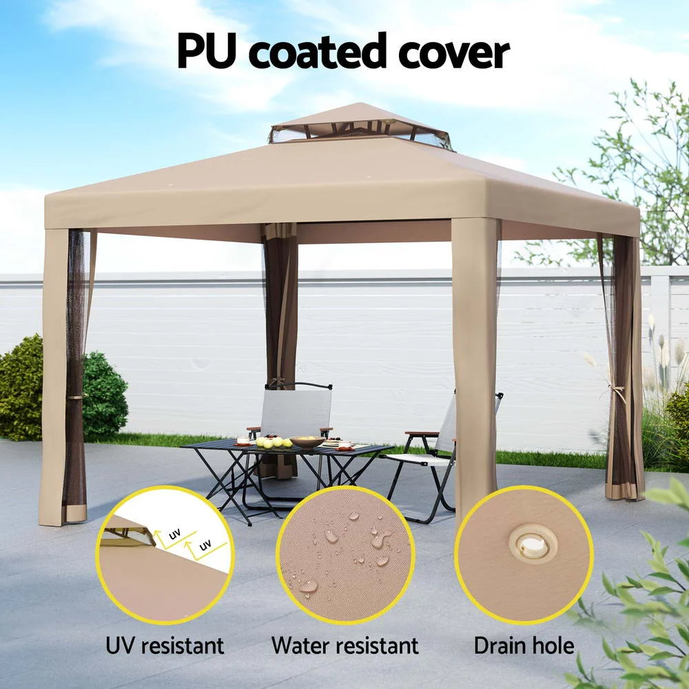 Brown mesh 3m pop-up gazebo with pop-up tent roof and side supports