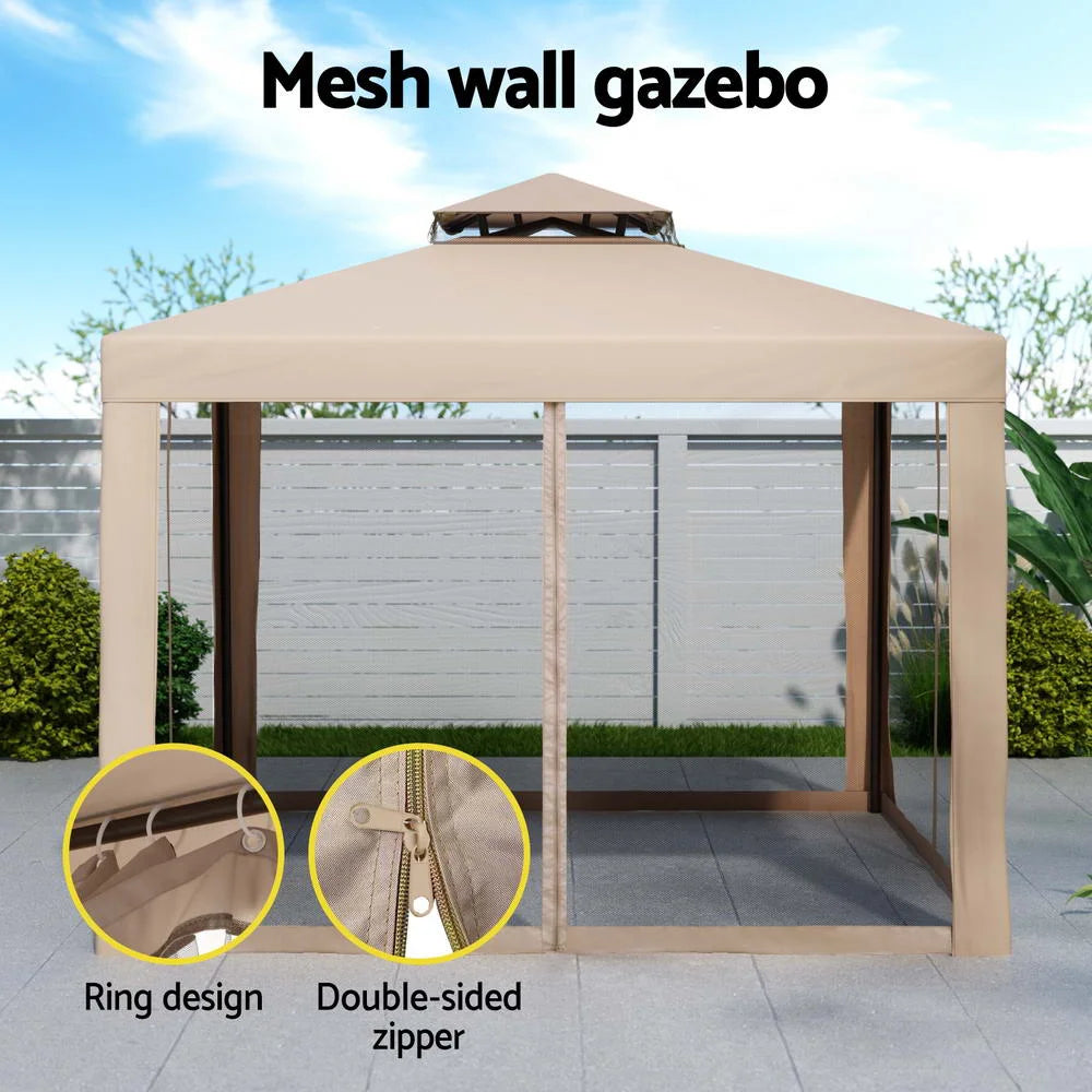 Brown mesh 3m pop-up gazebo with shade roof and open side frame