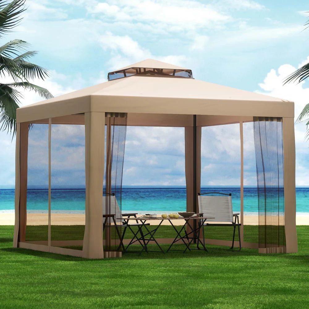 Brown mesh 3m pop-up gazebo with outdoor canopy and steel support legs