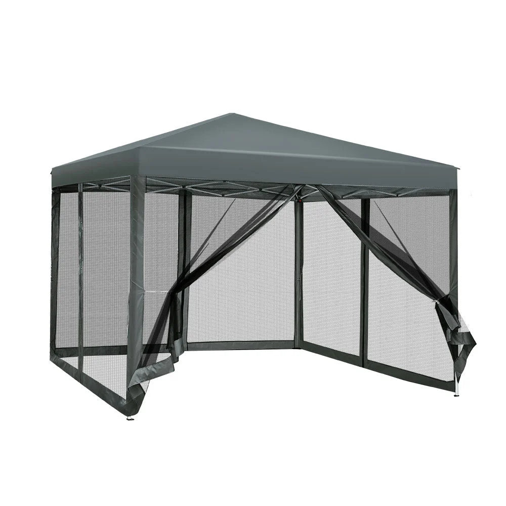 Grey mesh 3x3m pop-up gazebo with pop-up tent roof and side supports