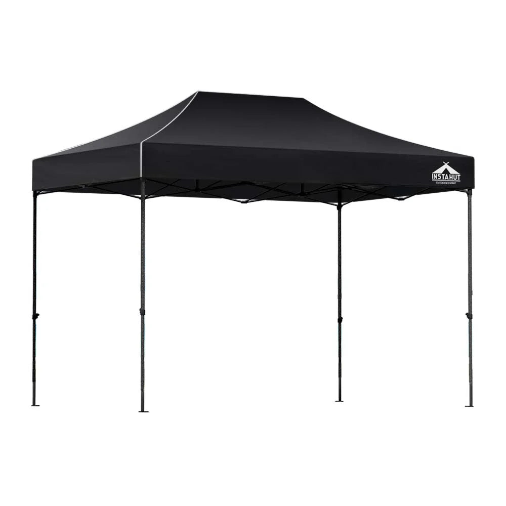 Black 3x4 gazebo with pack contents and accessory layout