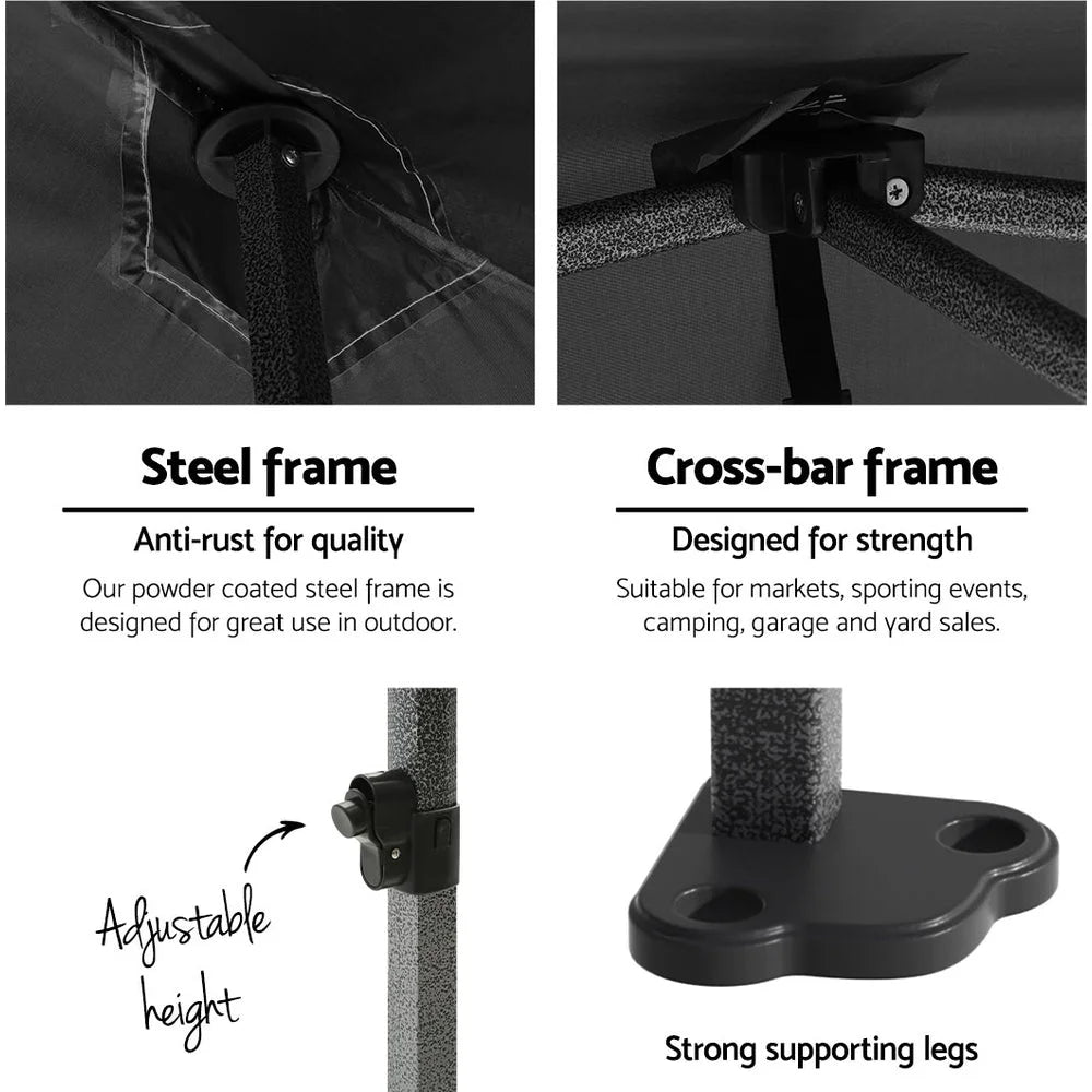 Black 3x4 gazebo with compact layout and accessory details