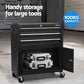 Black storage cabinet with handles and internal shelves