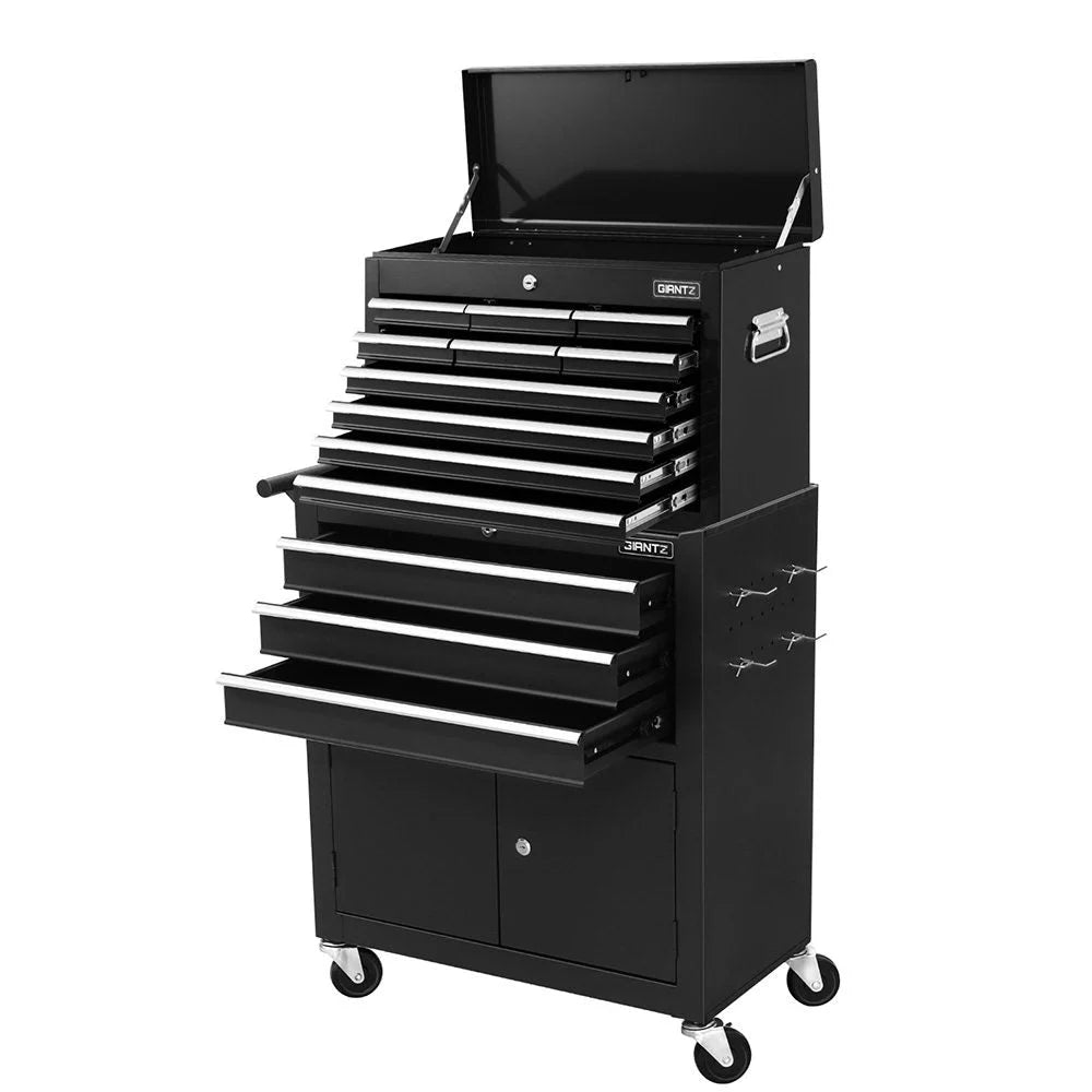 Black storage cabinet with multiple compartments and lock mechanism