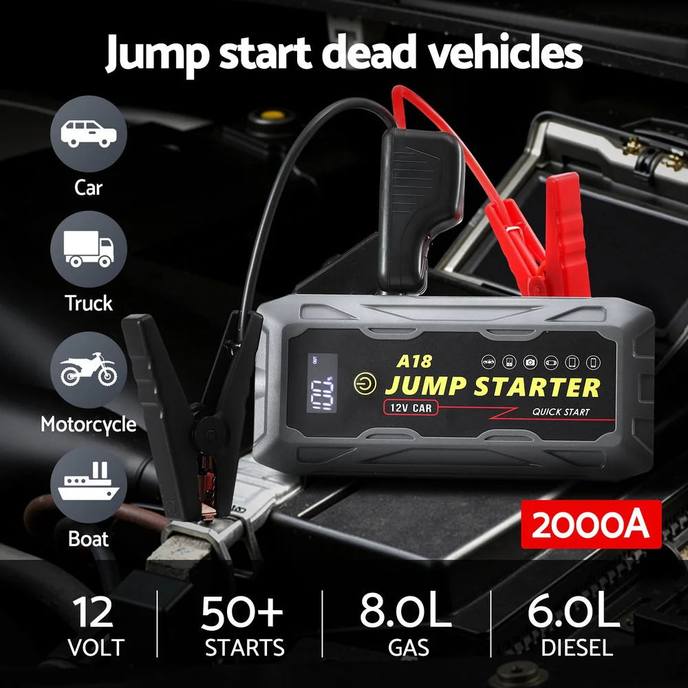 Giantz 2000A Portable Car Jump Starter 12V Lithium Battery