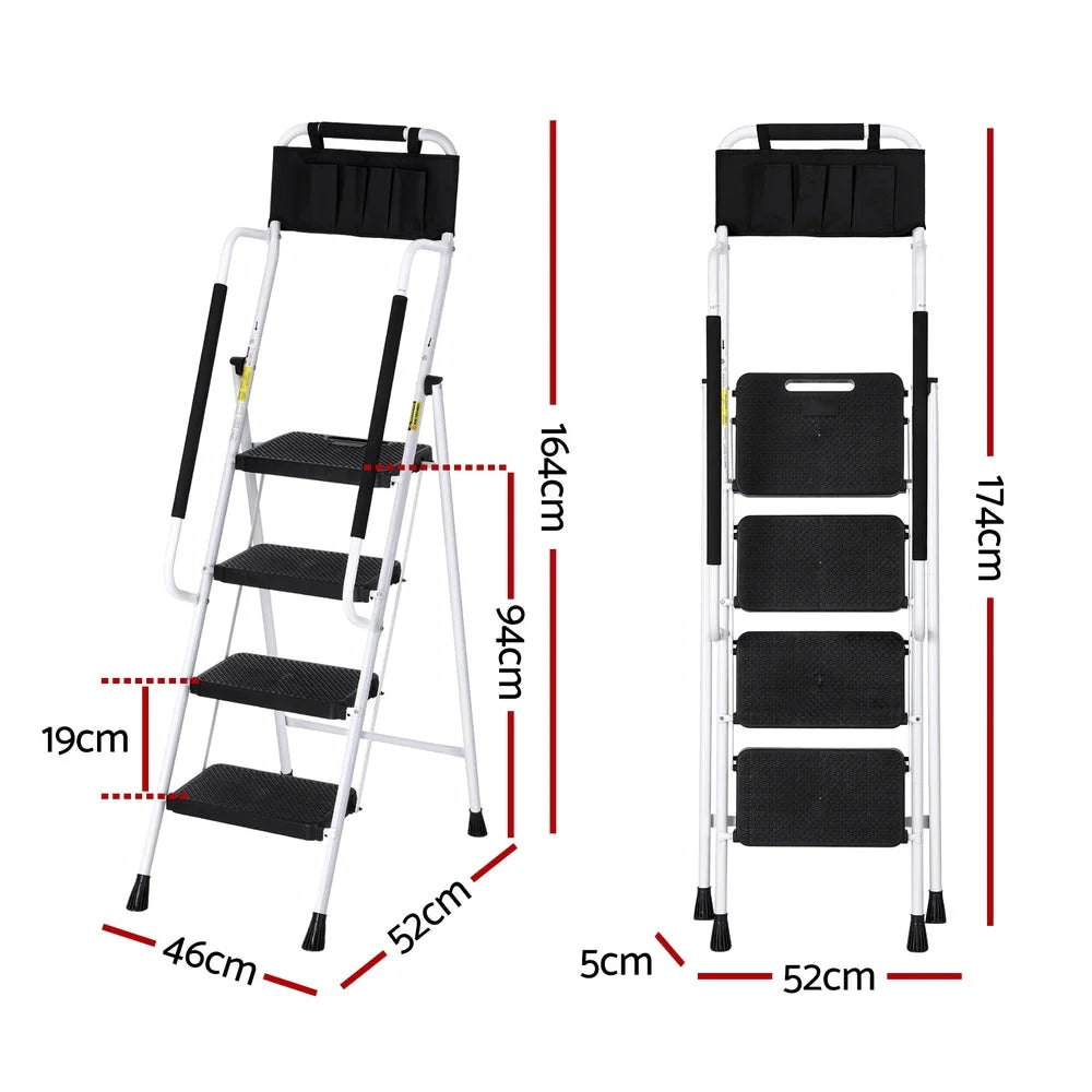 Step ladder multi with caster wheels and side handle rail