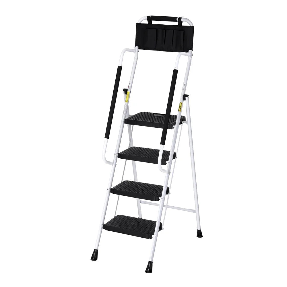 Steel step ladder multi with caster wheels and side handle rail