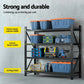 Black 8m garage shelving warehouse with useful parts and product scale