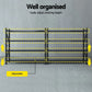 Black 8m garage shelving warehouse with shape details and included parts