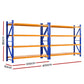 8m garage shelving rack with steel shelf tiers and blue support beams