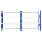 Blue garage shelving rack with blue metal shelves and upright supports