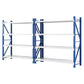 Blue garage shelving rack with tall shelf bays and metal frame