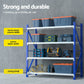 Blue garage shelving rack with warehouse rack shelves and cross braces