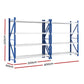 Blue garage shelving rack with steel shelf tiers and blue support beams