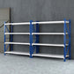 Blue garage shelving rack with pallet rack tiers for workshop storage