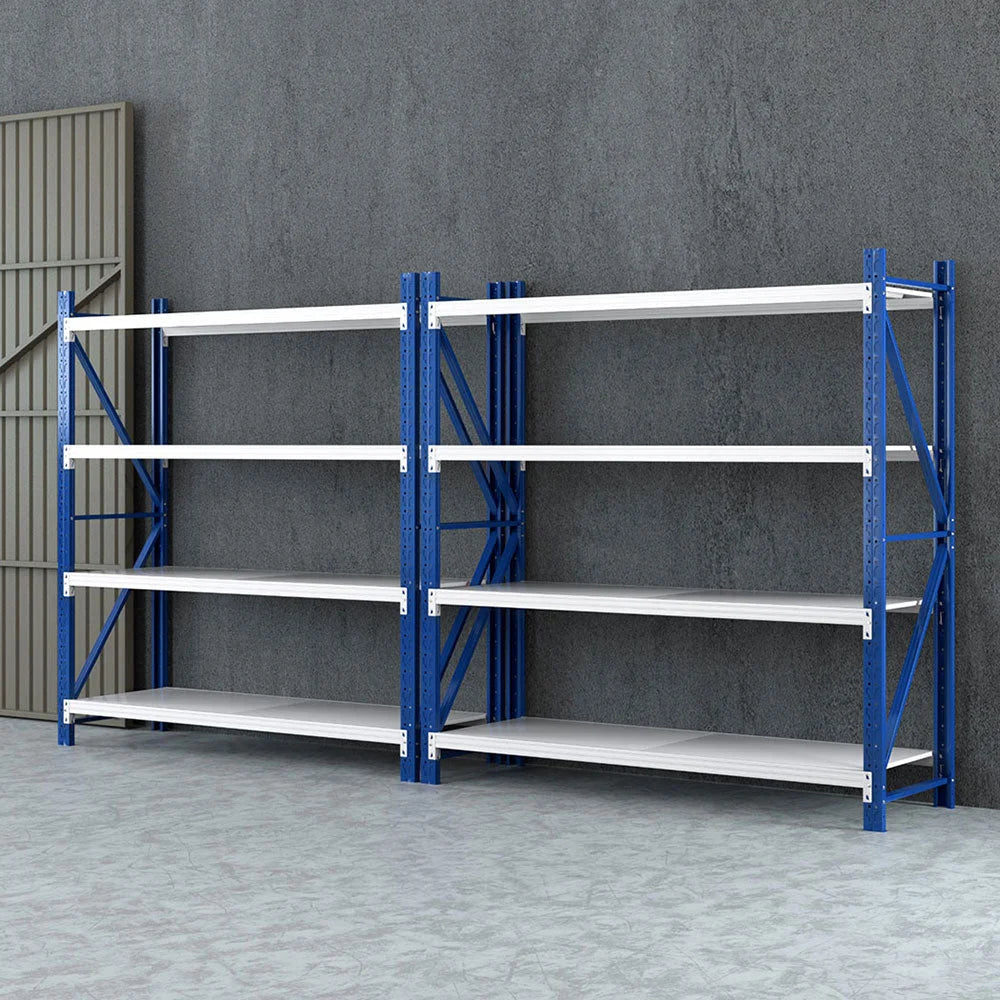 Blue garage shelving rack with pallet rack tiers for workshop storage