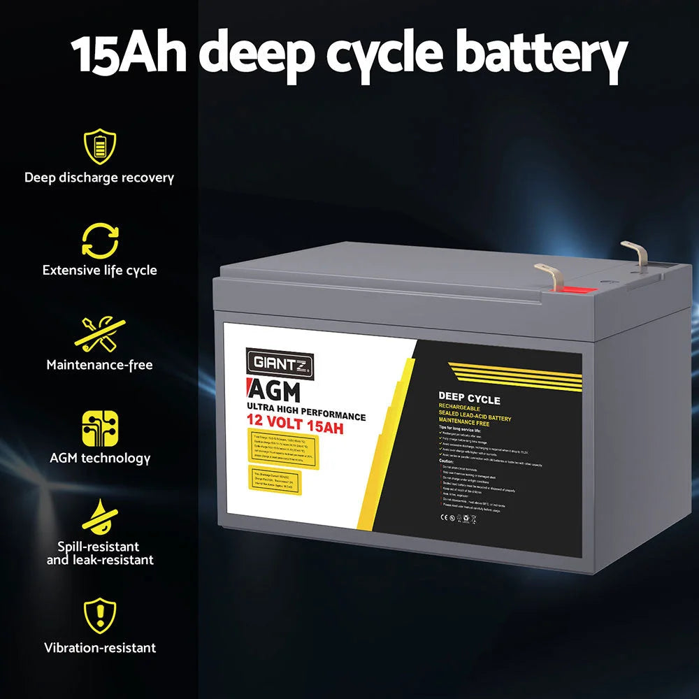Giantz AGM Battery 12V 15Ah Deep Cycle Box Portable Solar