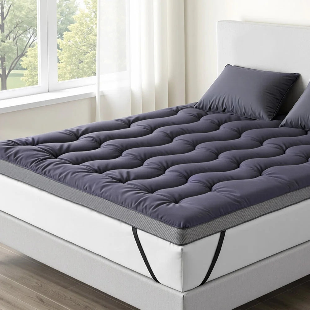Charcoal bamboo 5cm mattress topper with rolled foam edge and fabric casing