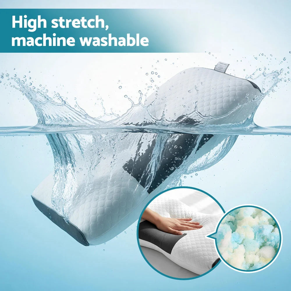 Bedding contour pillow with side edge stitching and layered fabric