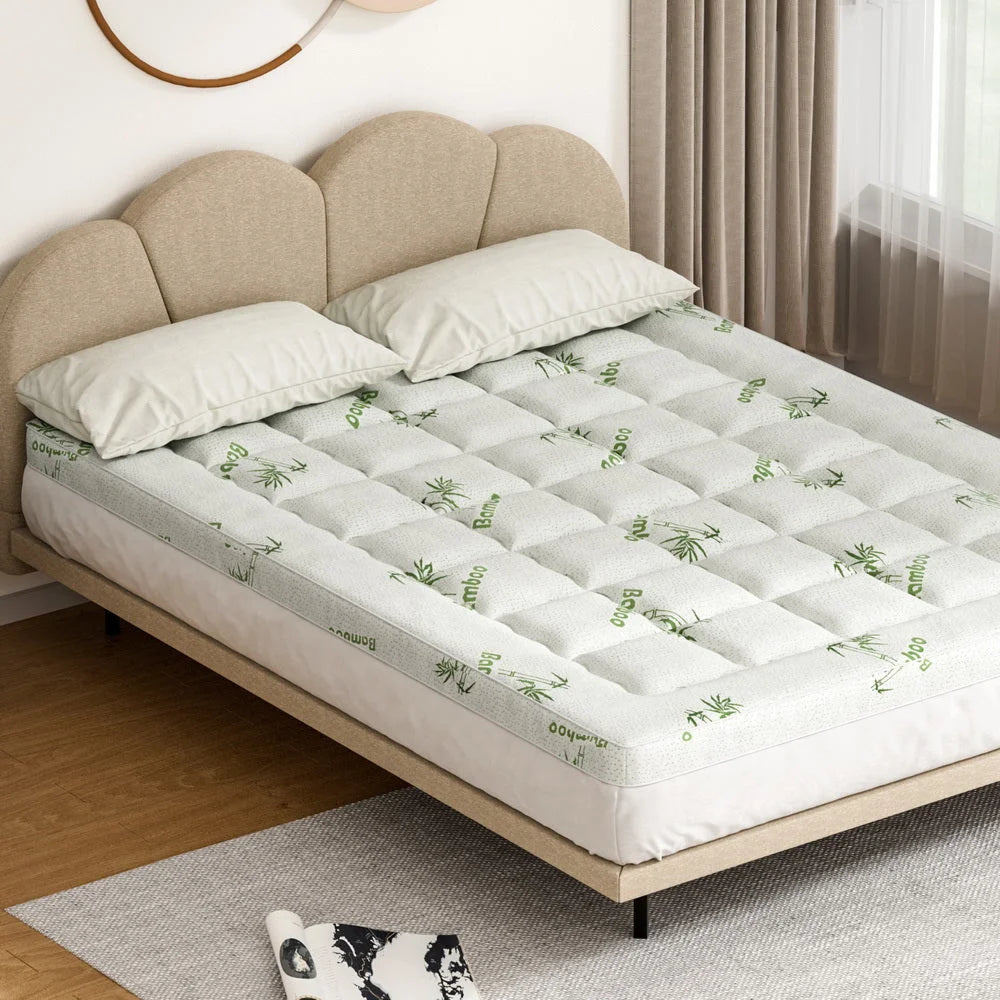 Bamboo 5cm mattress topper with front fabric panel and stitched edging