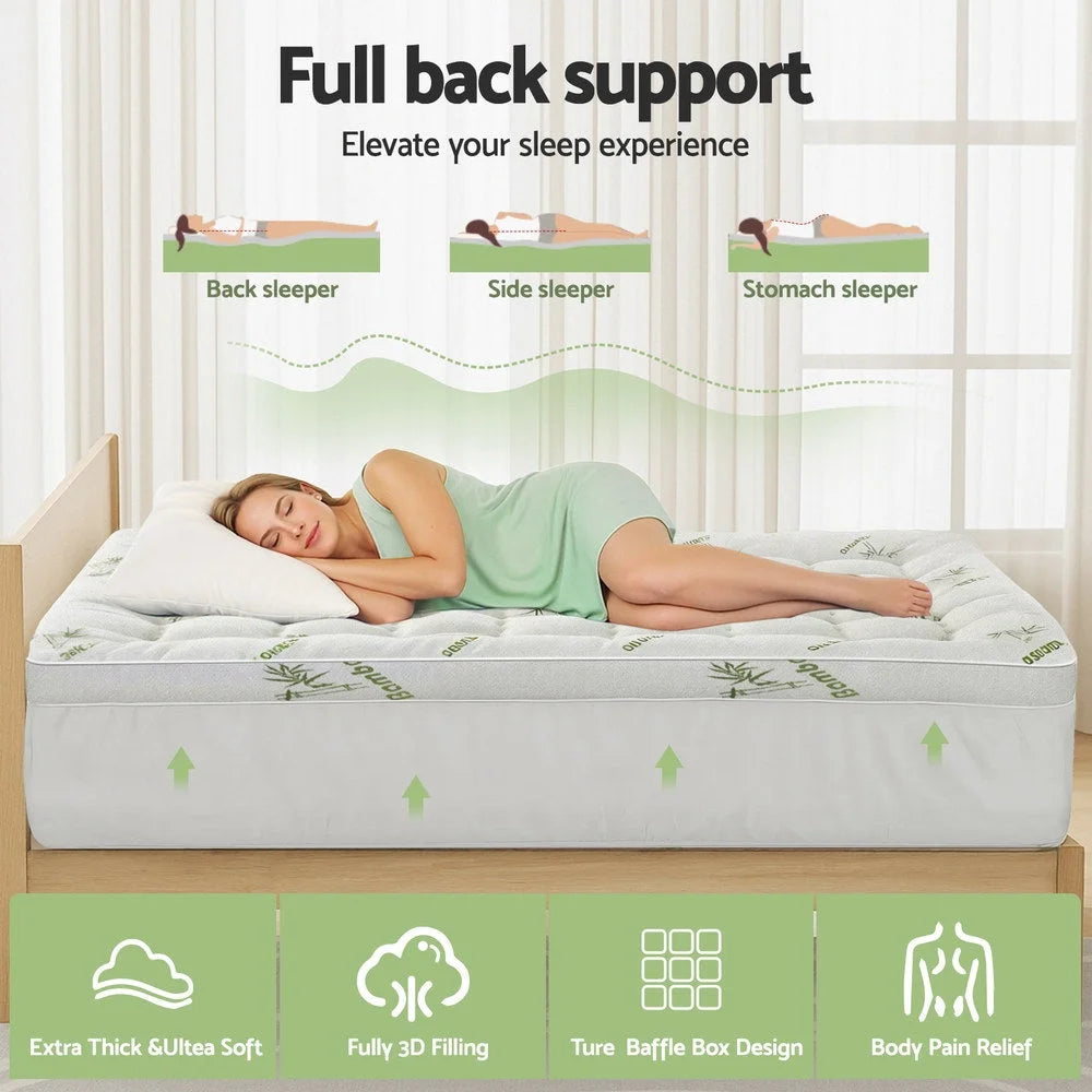 Bamboo 11cm mattress topper with front fabric panel and stitched edging