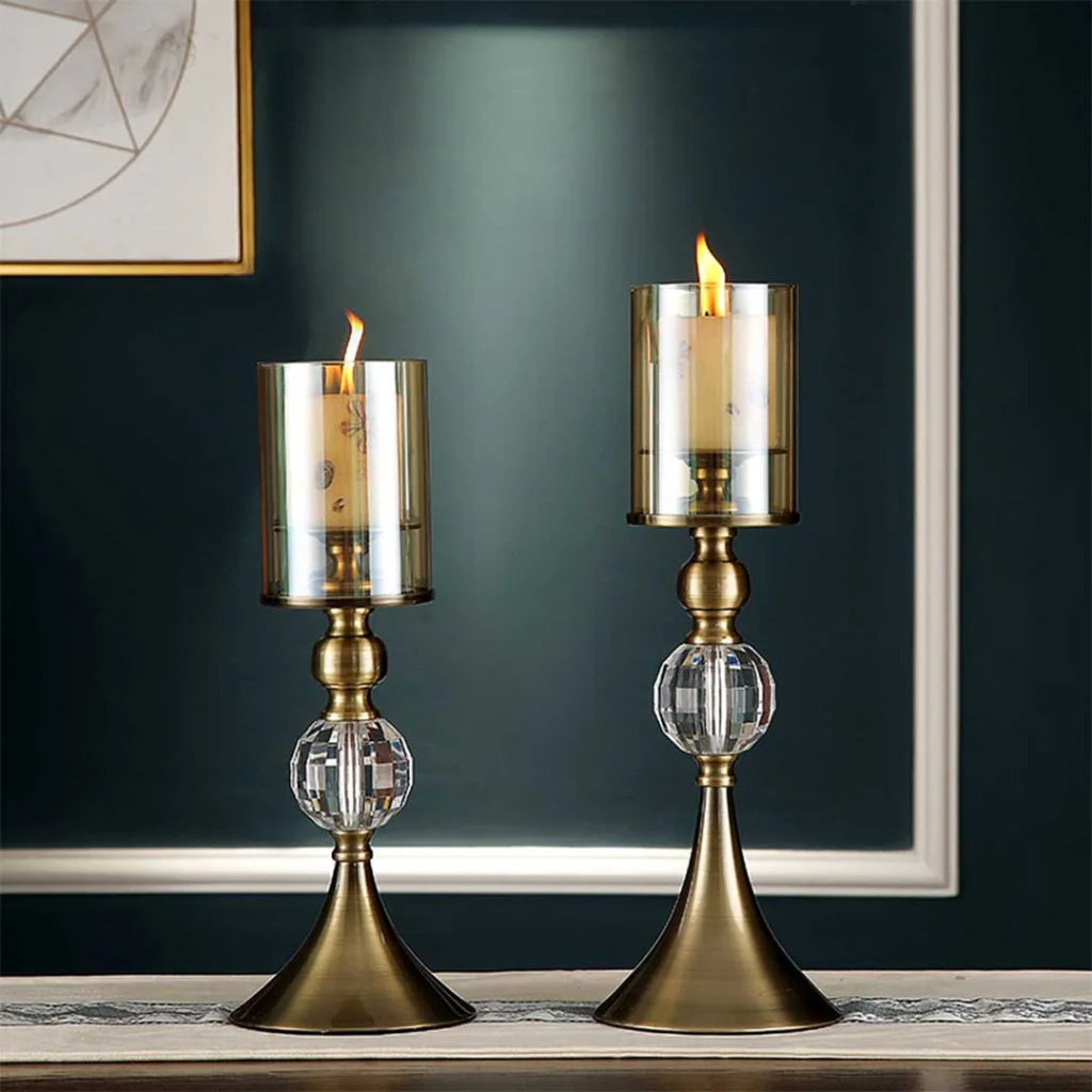 Glass Candle Holder Stand Set of 2 - 38cm Glass/Metal