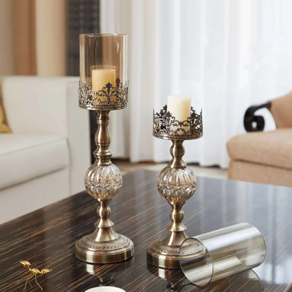 Glass Candle Holder Stand Set of 2 - 48cm Glass/Metal