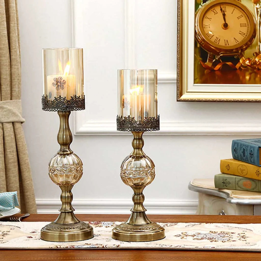 Glass Candle Holder Stand Set of 2 - 48cm Glass/Metal