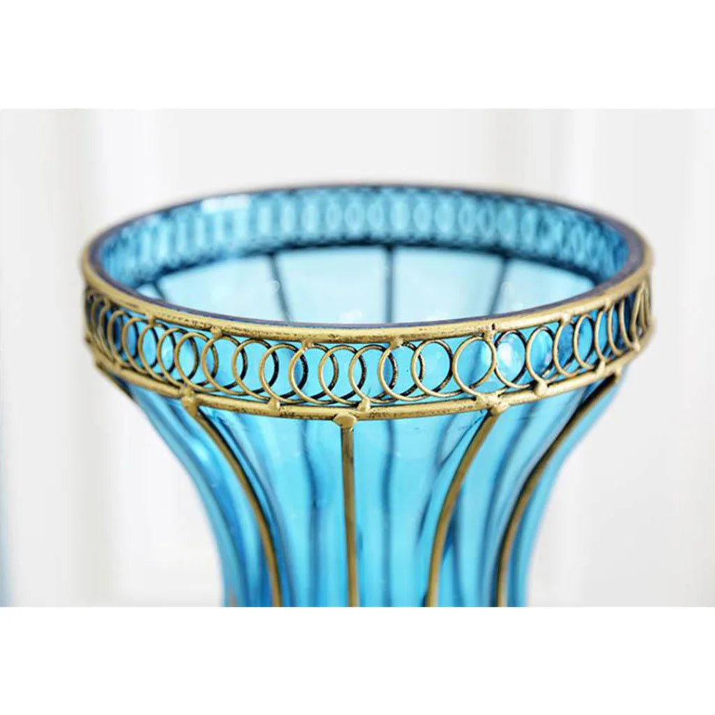 Glass Floor Vase Premium 67cm Blue Tall with 10pcs White Artificial Fake Flower Set