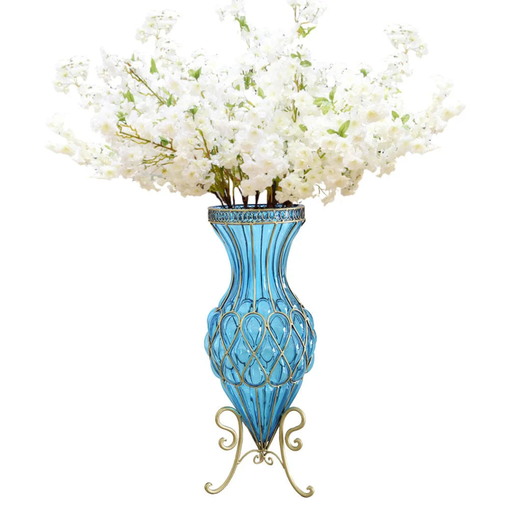 Glass Floor Vase Premium 67cm Blue Tall with 10pcs White Artificial Fake Flower Set