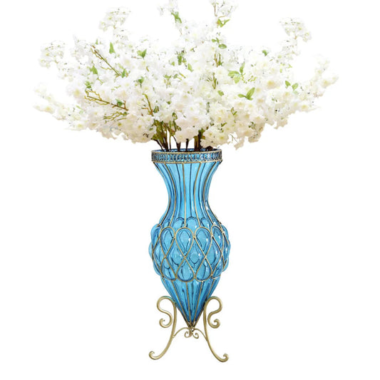 Glass Floor Vase Premium 67cm Blue Tall with 10pcs White Artificial Fake Flower Set