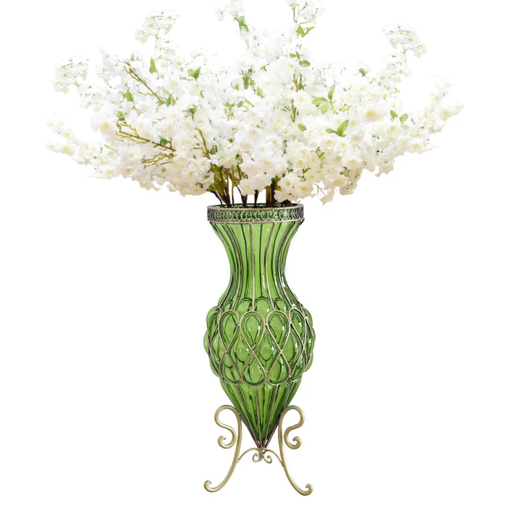 Glass Floor Vase Premium 67cm Green Tall with 10pcs White Artificial Fake Flower Set