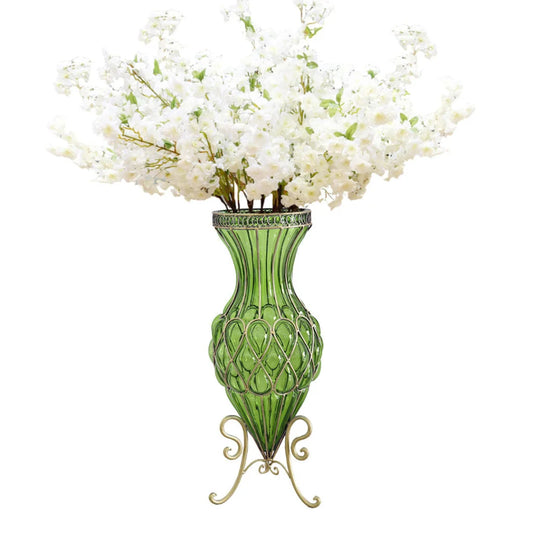 Glass Floor Vase Premium 67cm Green Tall with 10pcs White Artificial Fake Flower Set