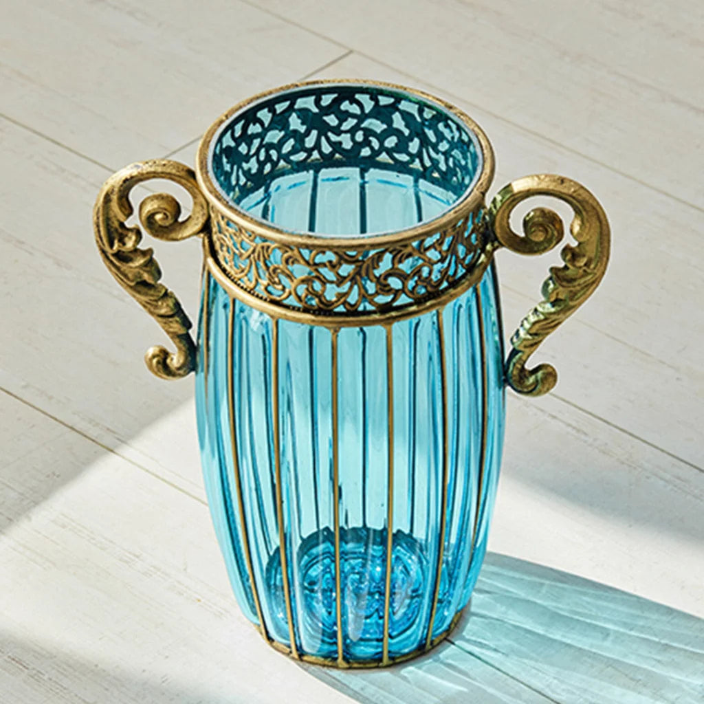 Glass Flower Vase Premium Blue Colored with 8 Bunch 5 Heads Artificial Fake Silk Rose Home Decor Set